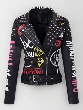 REDFOX Faux Leather Graffiti Motorcycle Jacket